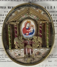 1868 Documented reliquary theca with relics of the Blessed Virgin Mary, St. Paschal Baylon, St. Clement, the Bl. James of Bitecto, St. Benignus of Dijon, St. Valerius &amp; St. Valentine