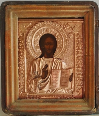 Russian Icon - Christ Pantocrator in brass oklad cover &amp; kiot