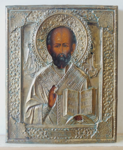 Russian Icon - St. Nicholas of Myra in brass oklad cover