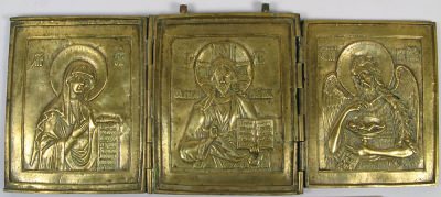 Large fine Russian Orthodox 3-panel folding travel skladen icon depicting Deisis