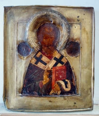 Russian icon - St. Nicholas of Myra in brass oklad cover