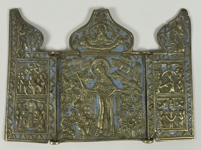 Russian Orthodox 3-panel folding skladen travel icon of Joy to All Who Sorrow Madonna