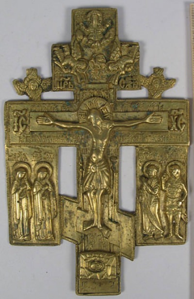 Russian Old Believer&#039;s large brass Crucifix kiot cross with mourners and Seraphim