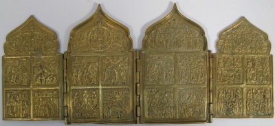 Russian 4-Panel Folding Skladen Travel Icon of The Twelve Principal Feasts and Miracle-working Madonnas