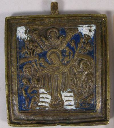 Small Russian brass plaquette depicting Joy to All Who Sorrow Mother of God