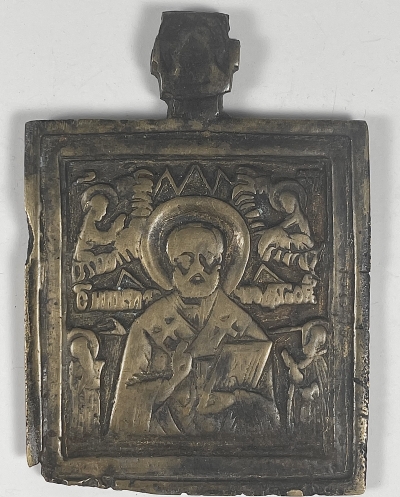 Small Russian Orthodox plaquette icon depicting St. Nicholas the Wonderworker of Myra