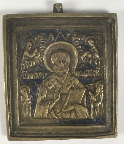 Small Russian Orthodox plaquette icon depicting St. Nicholas the Wonderworker of Myra